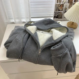 Fleece Hooded Coat Solid Zip Up Pocket Plush Hoodies