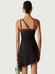 Black One Shoulder Lace Asymmetric Mini Dress.