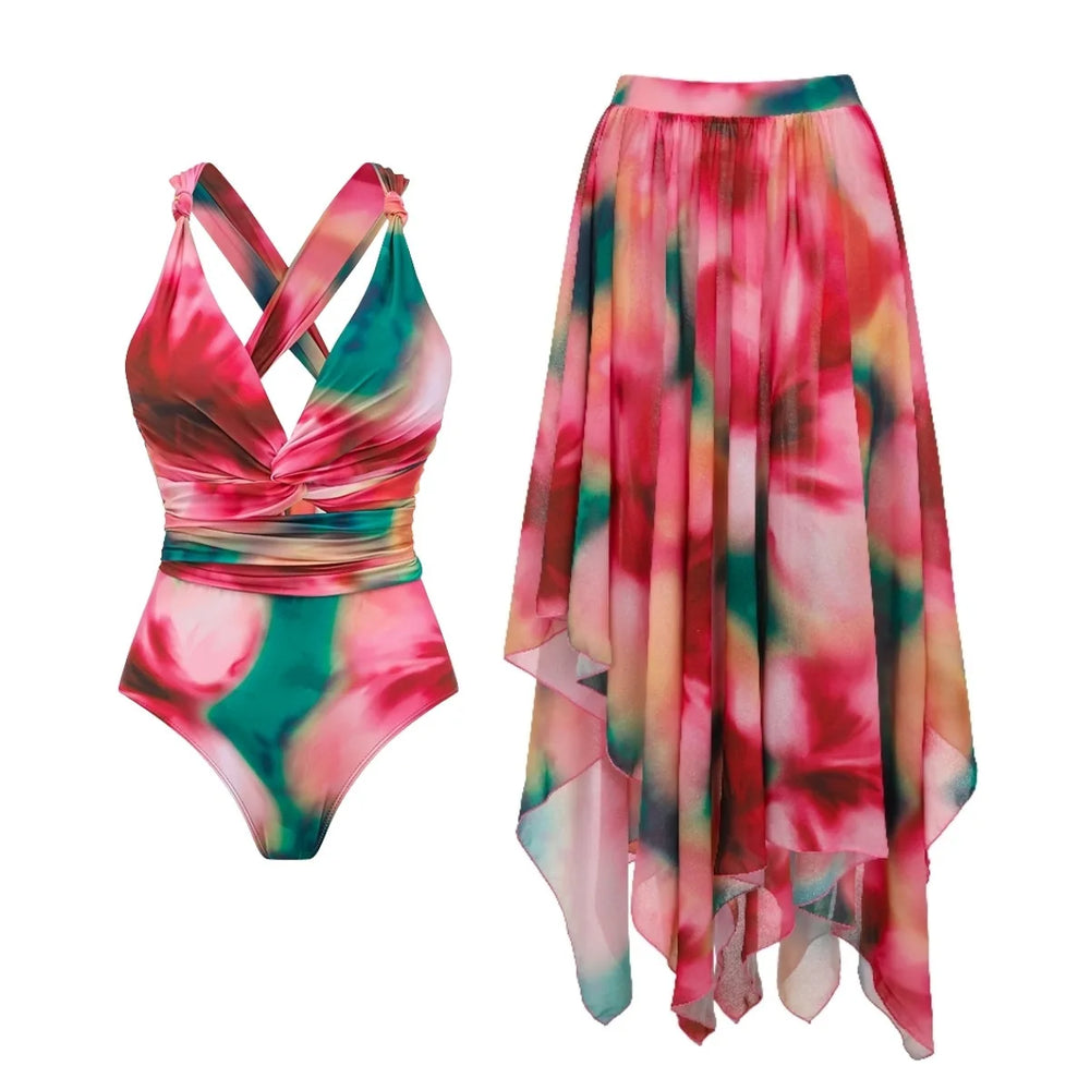 Abstract print swimwear set with cross straps