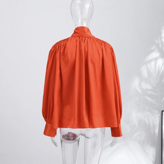 Standneck Long Sleeve Blouse with Fold Ribbon and Button Cuffs