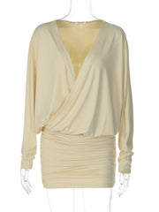 Ruched Draped V Neck Long Sleeve Mini Dress