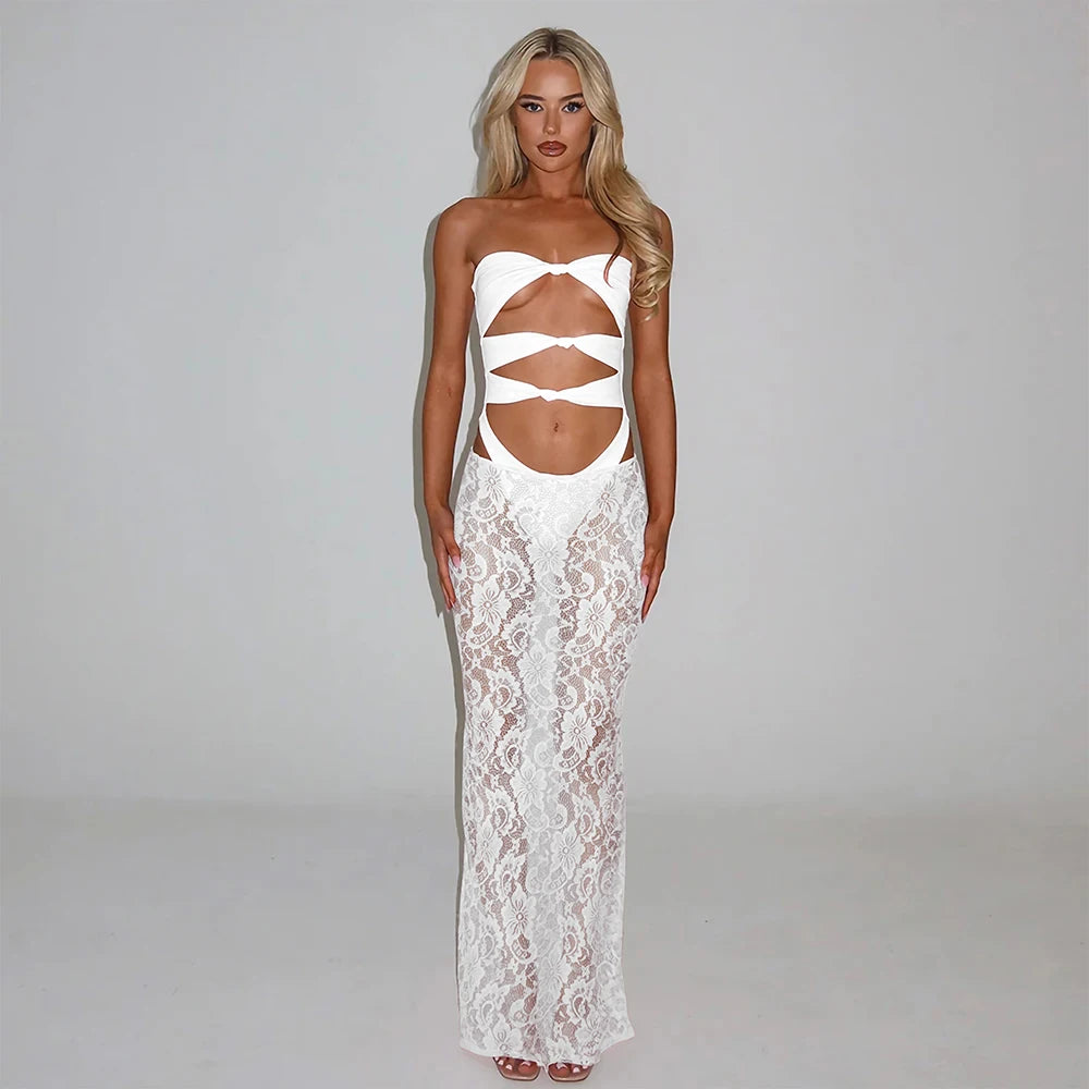 Sheer lace maxi dress beach cover-up in white
