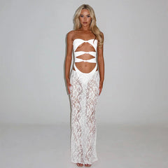 Sheer lace maxi dress beach cover-up in white