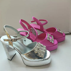 Satin Platform Crystal Embellishment Block Heels