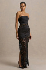 Back view of black strapless ruched lace maxi dress