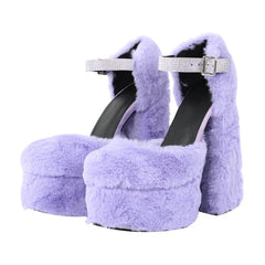 Faux Fur Platform Chunky Heel Sandals