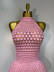 Pink Sequin Beaded Halter Mini Dress