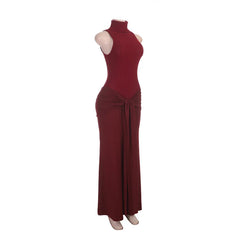 Ribbed Turtleneck Knotted Maxi Dress