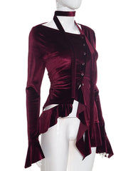 Velvet Asymmetrical Buttoned Ruffle Hem Top