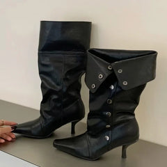 Pointed Toe Button Detail Ankle Boots