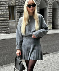 Grey Long Sleeve High Neck Knitted Pullover And Pleated Mini Skirt - Golden Atelier