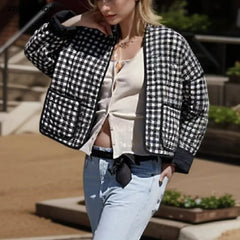  Autumn Winter Black White Gray Grid Plaid Print Stand neck Quilted Coat Ethnic Women Quilting Loose Jacket Retro Outerwear Golden Atelier 1