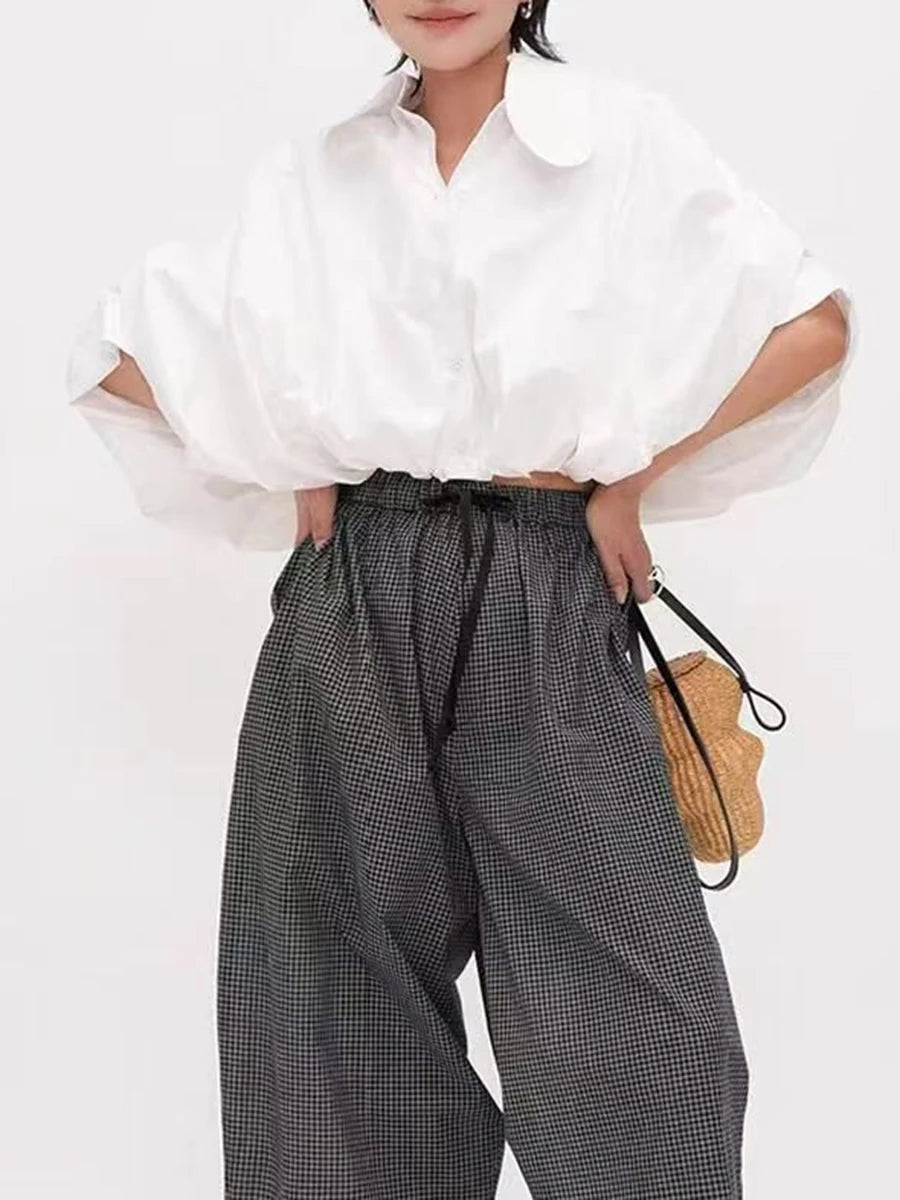 Lapel collar lantern sleeve blouse in white