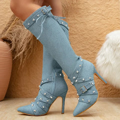 Denim Rivet Belt Buckle Knee-High Boots