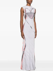 Back view of a sleeveless maxi dress with a graphic kitty print