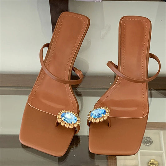 Brown crystal embellished square toe flip flops
