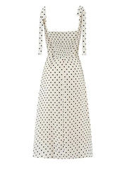 Square Neck Sleeveless Polka Dot A-Line Midi Dress with Tie Shoulder Straps