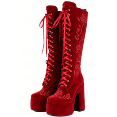 Floral Embroidery Lace Up Platform Boots