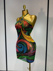 Sparkling print halter mini dress side view
