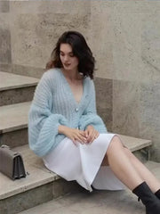 Blue Hollow Out Long Lantern Sleeve Sweater 