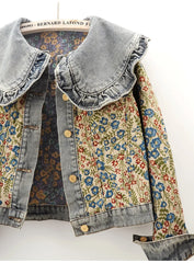 Women’s jacquard denim jacket with Peter Pan collar for spring.