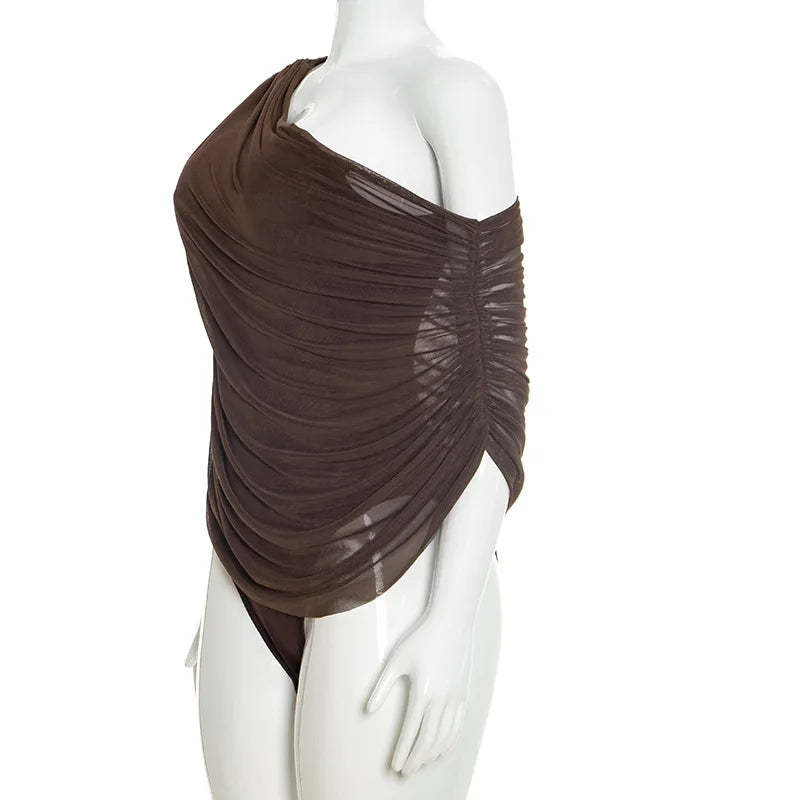 Brown one-shoulder draped top on a mannequin against a white background