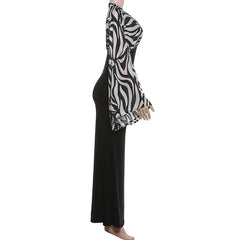 Black Zebra Print V-Neck Flare Sleeve Maxi Dress