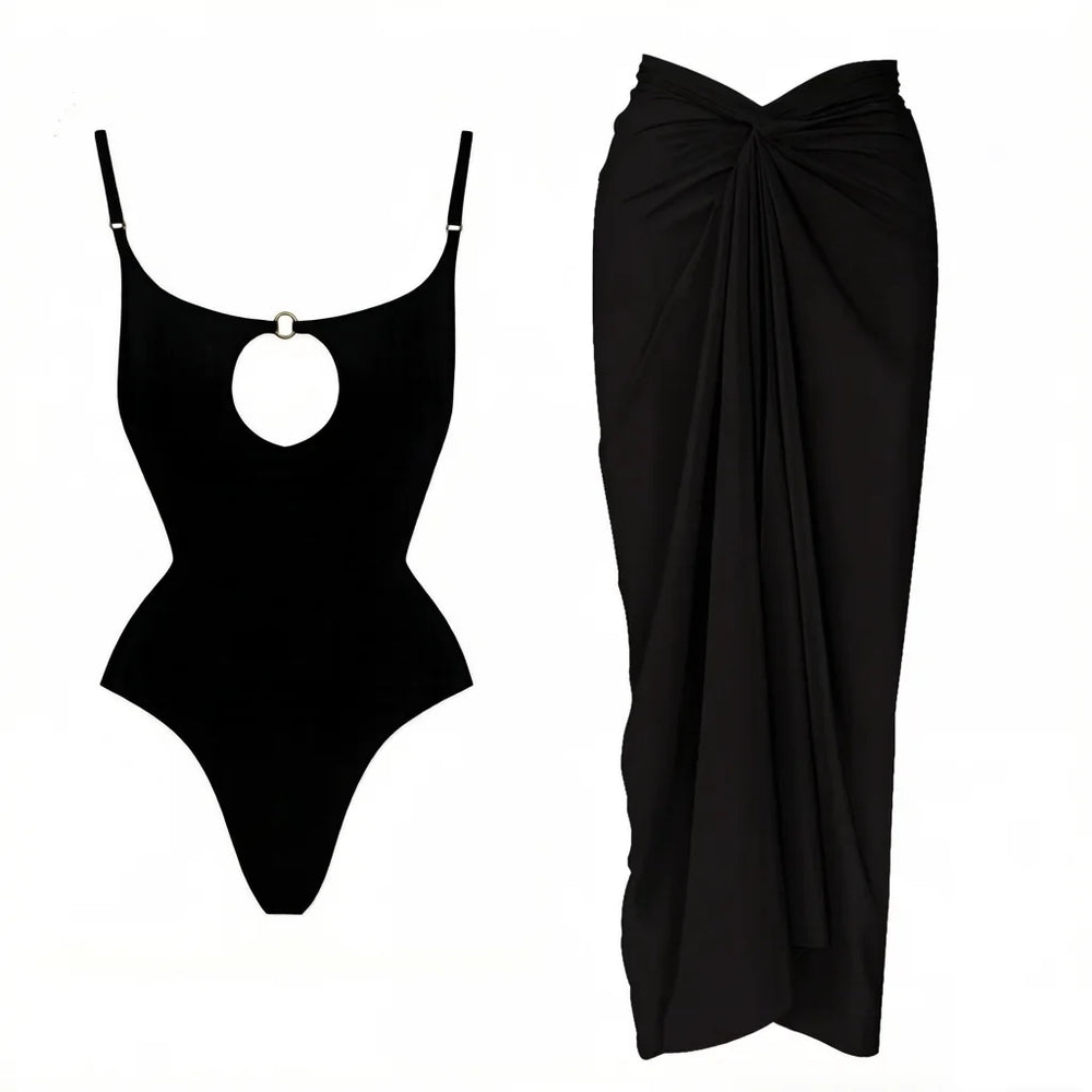 Cutout monokini and draped skirt swimwear set in black
