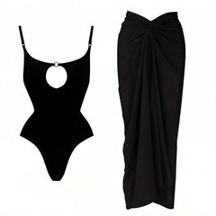 Cutout monokini and draped skirt swimwear set in black