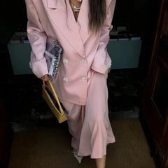 Pink Satin Blazer And Maxi Skirt Set