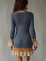 Patchwork lace knit mini dress with deep v-neck and flare sleeves