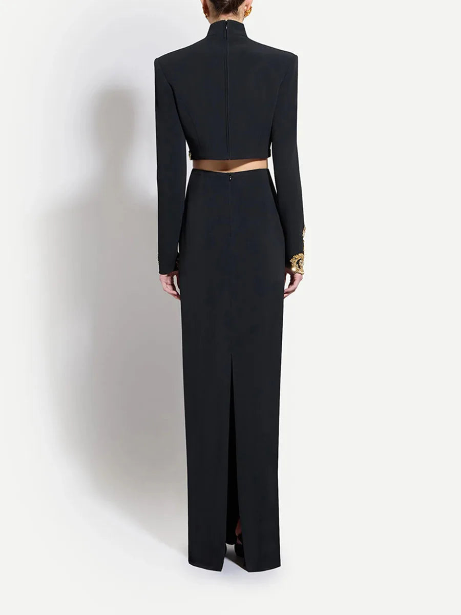 Embellished Turtleneck Cropped Top and Column Skirt Set - Top Detail