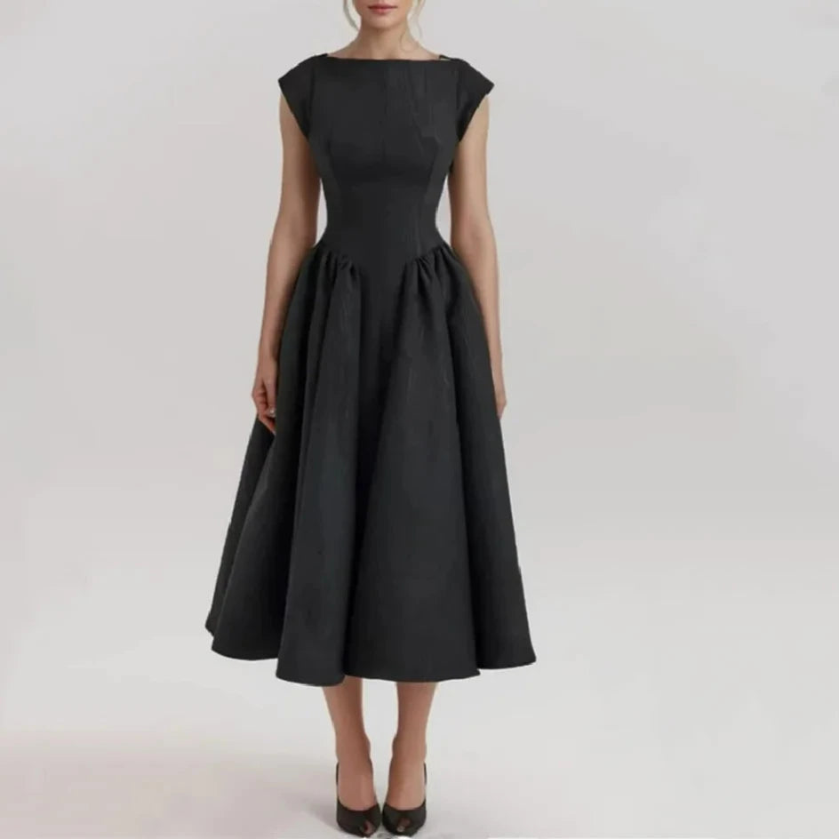 Black Short Sleeve Hollow Out Back Midi Dress