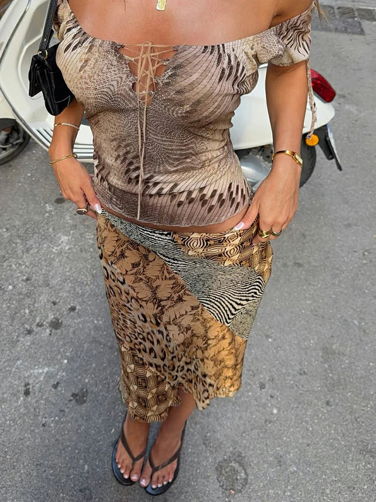 Model wearing patchwork mesh midi skirt