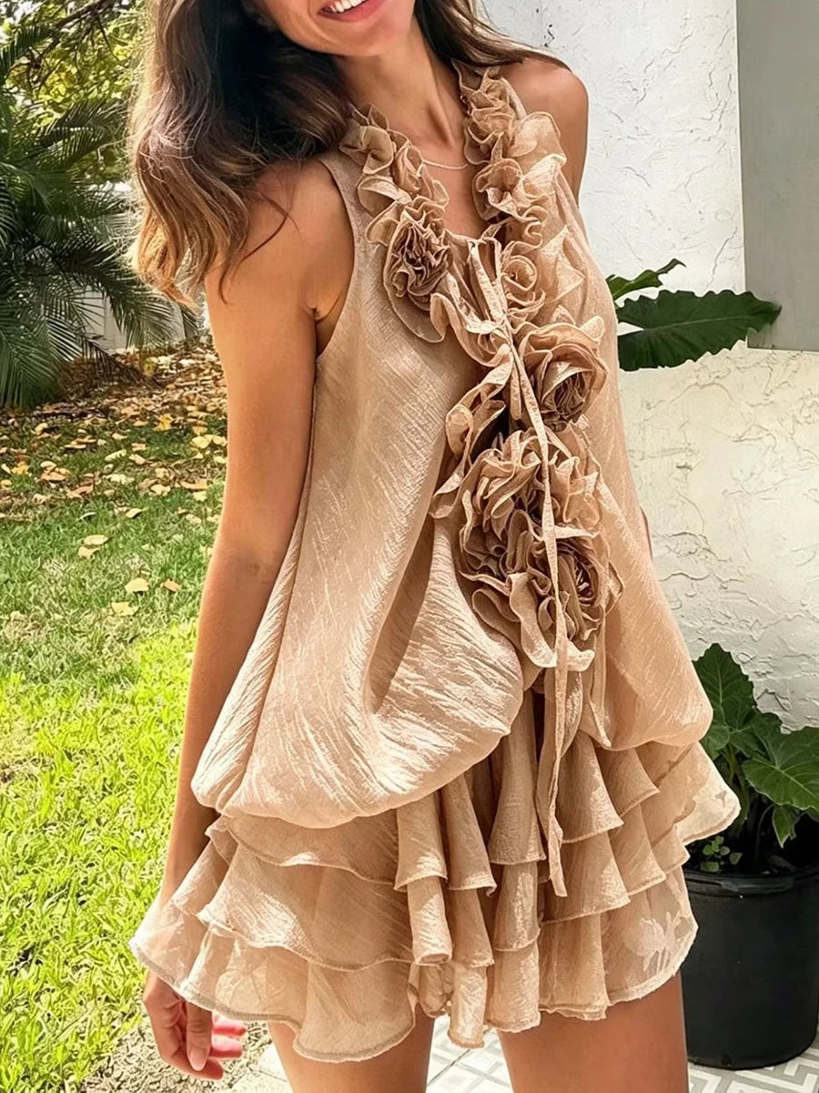 Beige ruffled floral embellished mini dress outdoors