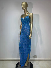 Blue embellished spaghetti strap floor-length dress