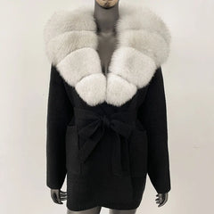 charcoal knit coat with silver faux fur collar