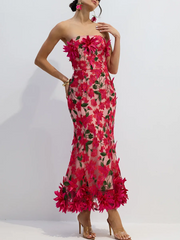 Woman wearing a strapless floral dress with pink flowers