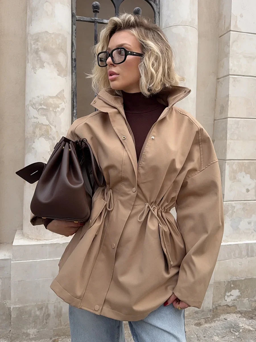 Drawstring waist standing collar jacket in tan