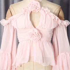 Pink Halter Cold Shoulder Ruffle Top and Maxi Skirt Set