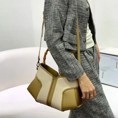 Bamboo Handle Colorblock Leather Handbag