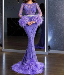 Purple Mermaid Beaded Feathers Floor Long Prom Dress