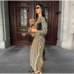 Striped Long Sleeve Mesh Ankle Length Dress