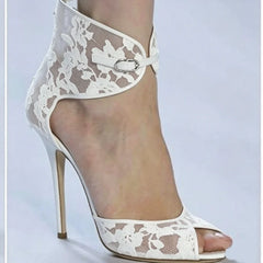 White lace stiletto heel with peep toe and ankle strap