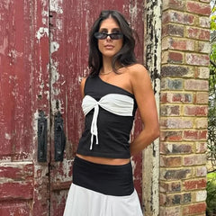 Patchwork lacing black and white top for women