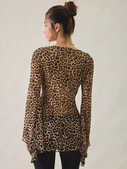 Mesh Print Tie Neck Long Sleeve Top