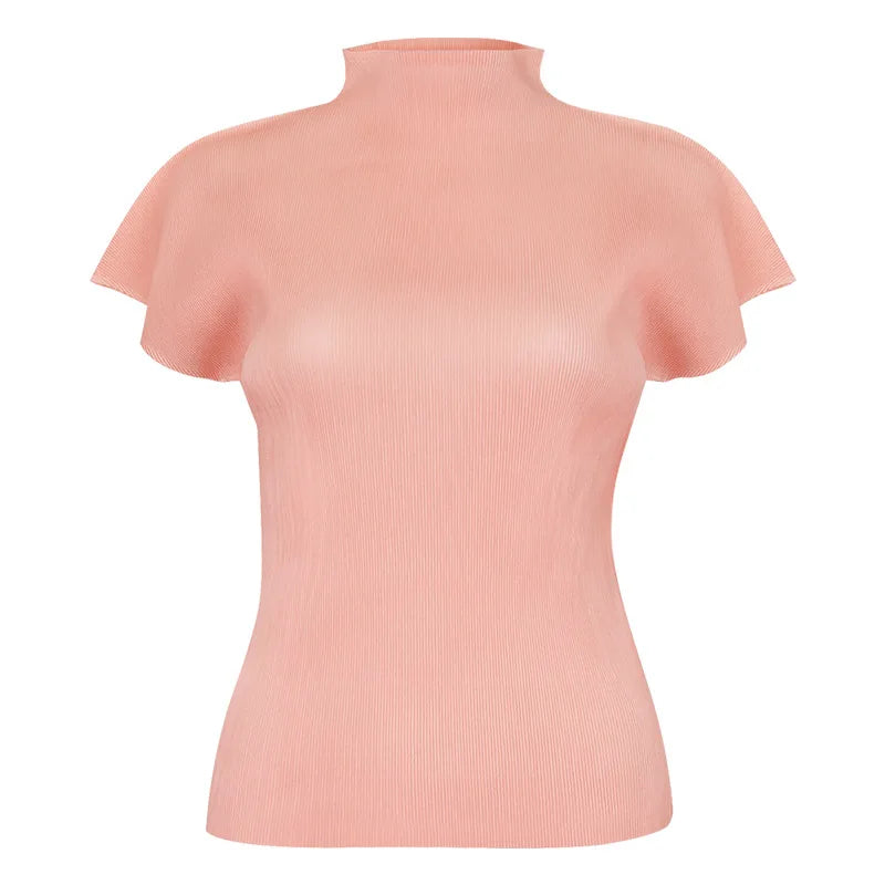 Pink ribbed turtleneck top on a white background