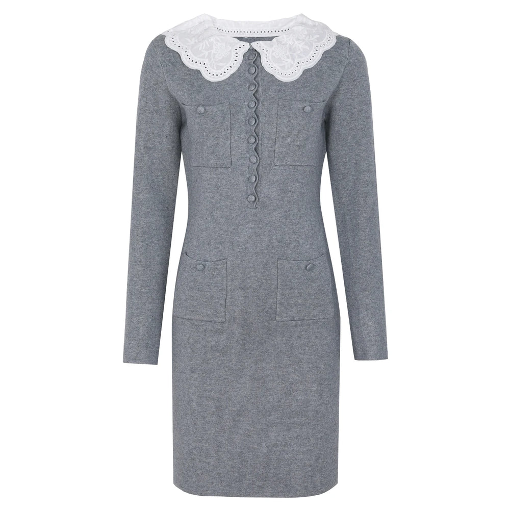 Grey knit pencil dress with embroidered lace collar and button details.