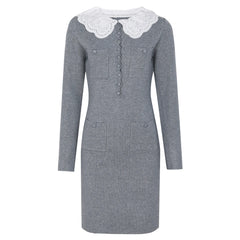 Grey knit pencil dress with embroidered lace collar and button details.
