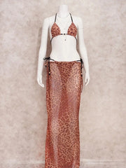 Printed Mesh Maxi Skirt and Bikini Top Swimwear Set